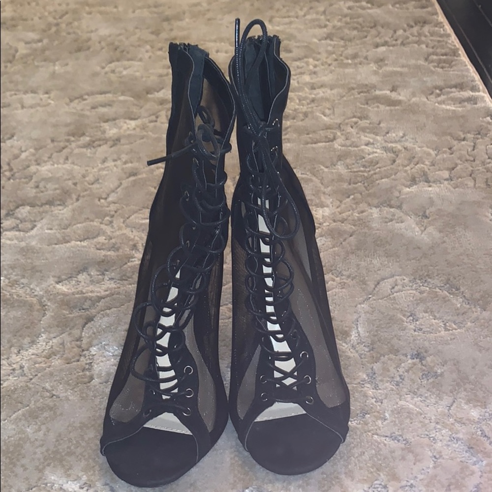 Black mesh lace up booties